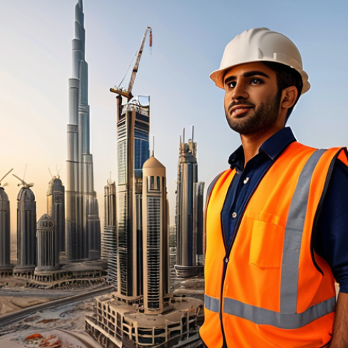 Home 15 **"A successful Arab civil engineer, wearing a hard hat and reflective vest, overlooking a large construction site in Dubai at sunset. Modern skyscrapers are in the background, symbolizing career advancement and ambition."** (Focus: Career success, modern architecture, Arab representation)