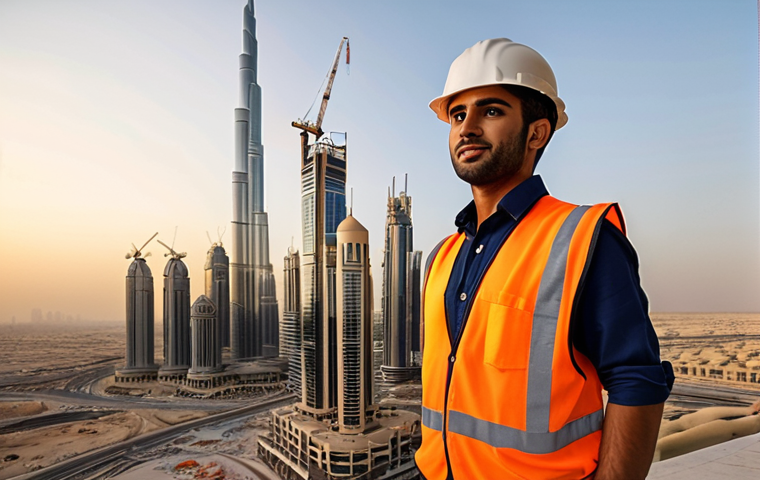 **"A successful Arab civil engineer, wearing a hard hat and reflective vest, overlooking a large construction site in Dubai at sunset. Modern skyscrapers are in the background, symbolizing career advancement and ambition."** (Focus: Career success, modern architecture, Arab representation)