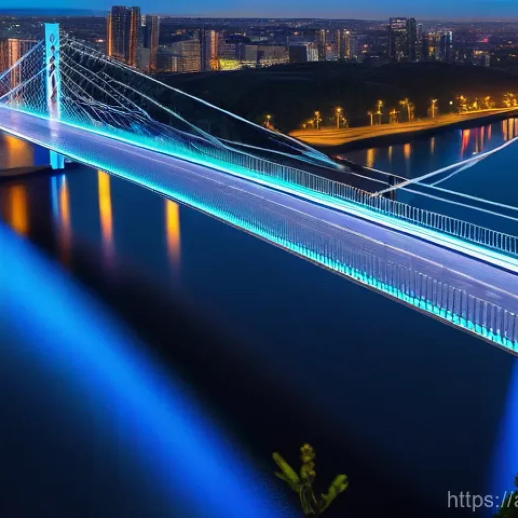 토목공학 현장에서의 기후변화 대응 - **Prompt:** A futuristic, intelligent suspension bridge gracefully spanning a wide river in an urban...