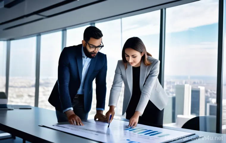 토목공학 프로젝트에서의 문서 관리 - **Prompt:** A diverse team of professional architects and engineers, dressed in modern business casu...