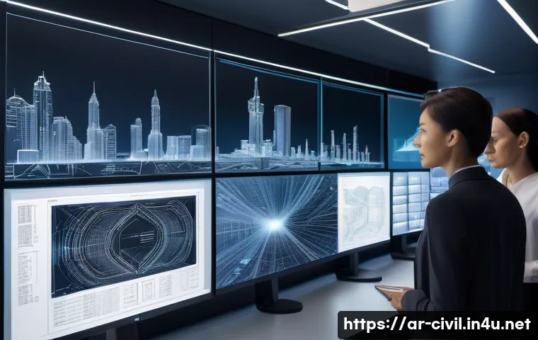 토목공학과 인공지능의 활용 - **Prompt:** A highly detailed, realistic image of an advanced architectural studio. In the foregroun...