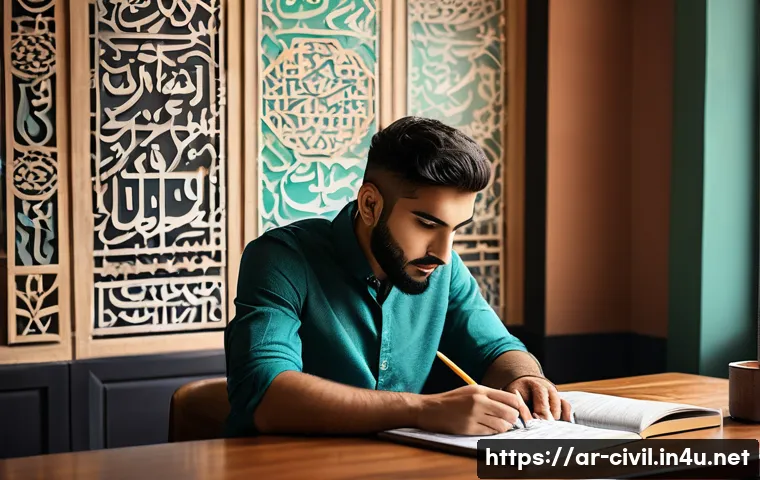 토목기사 필기시험 고득점 전략 - A focused Middle Eastern male civil engineering student in his mid-20s sitting at a traditional wood...