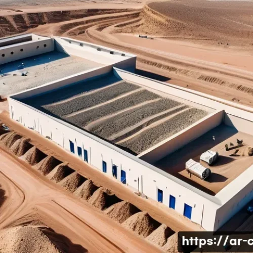 토목공학과 물리적 지형 분석 - A detailed aerial view of a large civil engineering construction site in an arid Middle Eastern land...
