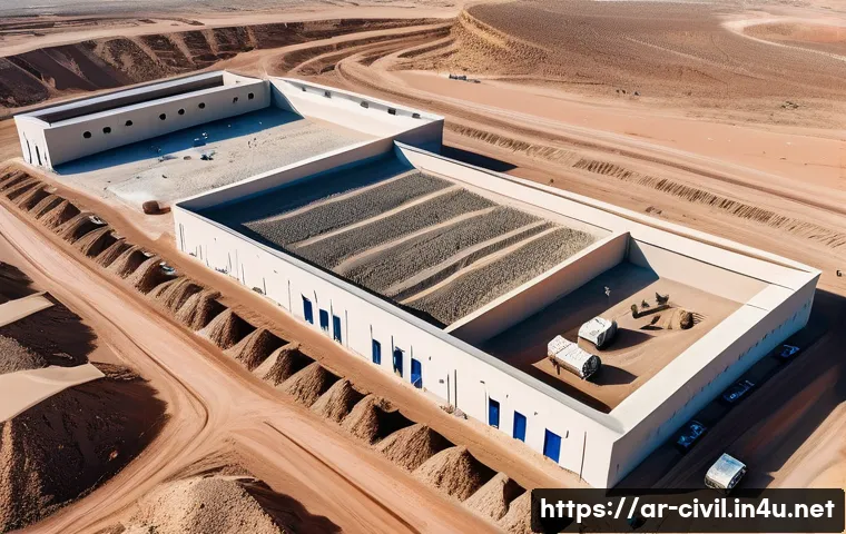 토목공학과 물리적 지형 분석 - A detailed aerial view of a large civil engineering construction site in an arid Middle Eastern land...