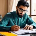 토목기사 시험을 위한 단기 집중학습법 - A focused young Arab man studying civil engineering at a modern desk in a bright room, morning sunli...