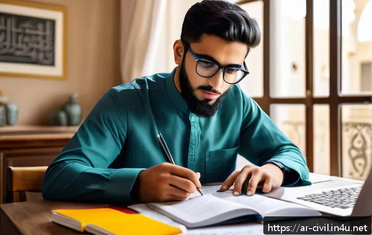 토목기사 시험을 위한 단기 집중학습법 - A focused young Arab man studying civil engineering at a modern desk in a bright room, morning sunli...