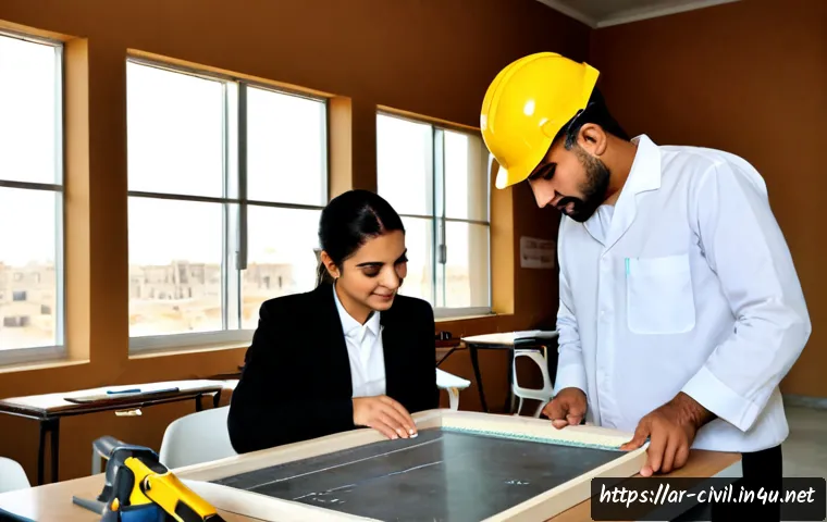 토목기사 학원 추천 기준 - Photorealistic educational consultation in a modern civil engineering training center in an Arab cit...